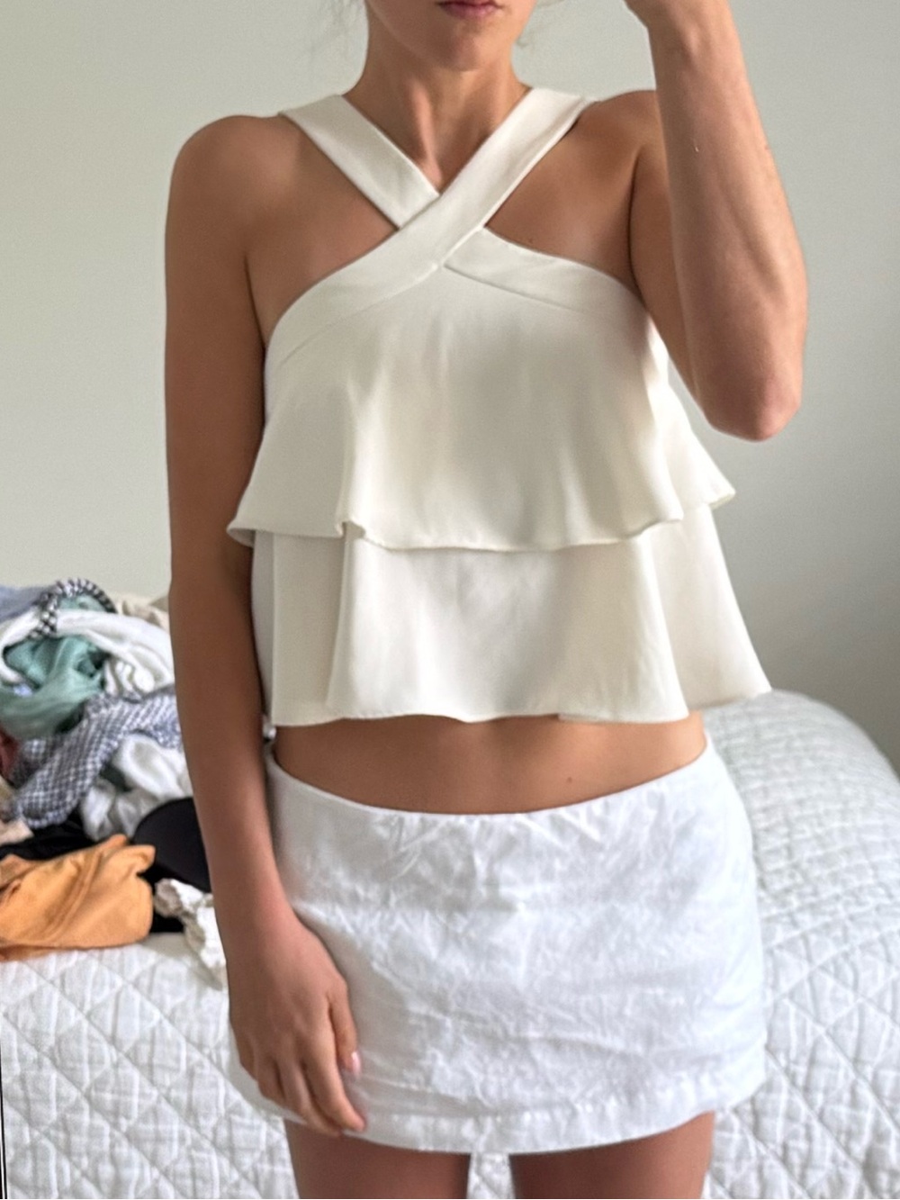 Amanda Uprichard Cream Cross-Strap Ruffled Crop Top